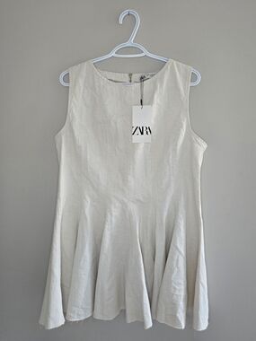 Zara sleeveless flared denim mini dress, cream oatmeal colour, xxl, new with tag